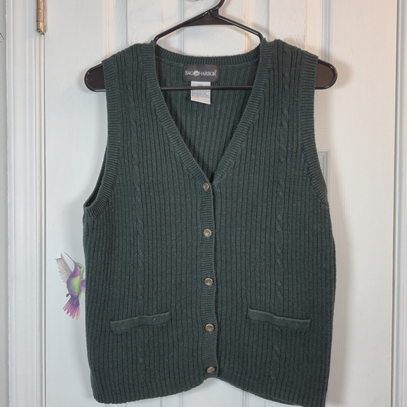 Sag Harbor Vintage Dark Green Ribbed Cable Knit Button Front Vest Medium - Picture 2 of 5